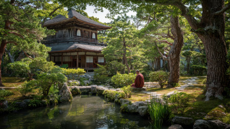 A monk sits quietly in meditation by a tranquil pond inside a lush garden filled with greenery.の素材
