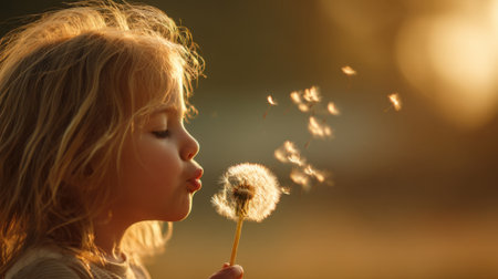 A young child stands in a field gently blowing on a dandelion puff. Seeds drift away in the warm light capturing a moment of innocence and imagination.の素材