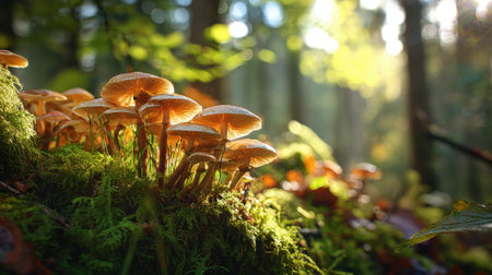 A cluster of mushrooms is thriving on lush green moss in a forest. Sunlight filters through the trees illuminating the scene. Autumn leaves add color around the base.の素材