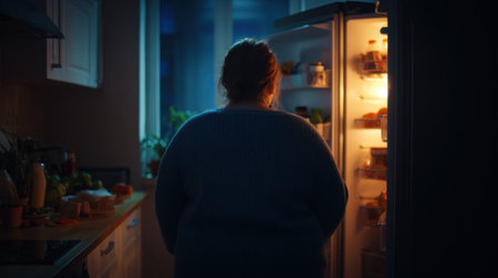 A woman stands in a softly lit kitchen at night gazing into an open refrigerator. The gentle glow illuminates her silhouette as she searches for a late-night snack.の素材