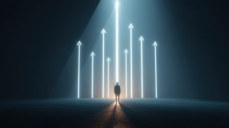A solitary figure stands in a dim room illuminated by bright arrows pointing upward. The scene evokes a sense of hope and direction amidst the darkness.の素材
