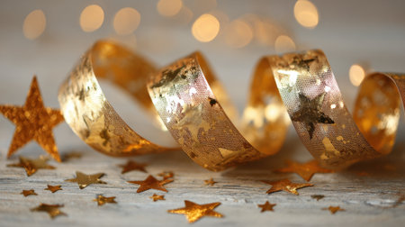 A shimmering gold ribbon spirals elegantly alongside small star shaped decorations scattered on a surface. This setup enhances the festive mood of the occasion.の素材