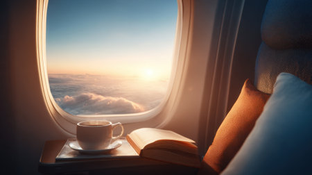 A cup of coffee is on a tray next to an open book and a pillow. The scene is set in an airplane window, with the sun shining through the window. Scene is peaceful and relaxingの素材