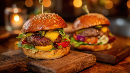 Two mouthwatering burgers are presented on wooden boards showcasing colorful toppings like lettuce tomato and cheese. The warm glow of candlelight enhances the inviting atmosphere.の素材