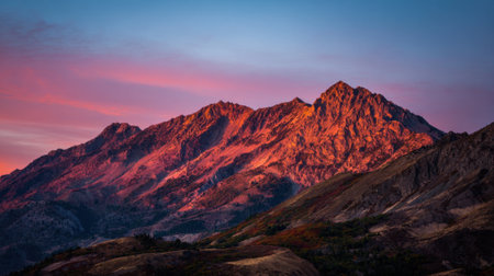 The mountain range is covered in snow and the sun is setting, creating a beautiful orange and pink skyの素材