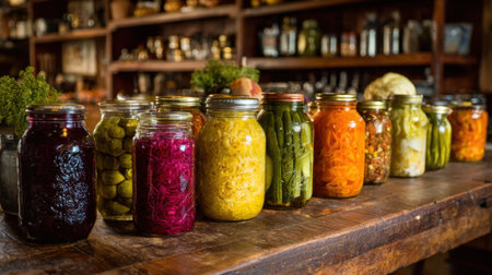 A table with many jars of pickles and other vegetables. The jars are of different colors and sizesの素材