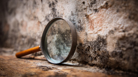 A magnifying glass is placed on a rustic wooden surface next to an aged brick wall showing signs of wear and moisture. The scene has a warm inviting atmosphere and soft lighting.の素材