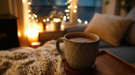 A mug of coffee sits on a tray next to a blanket. The scene is cozy and inviting, with a warm glow from a nearby lightの素材