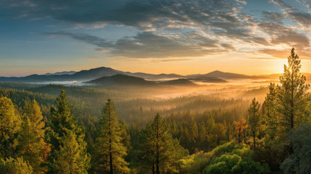 Early morning light bathes the mountains and pine trees in golden hues while mist hangs low in the valleys creating a tranquil and breathtaking scene.の素材