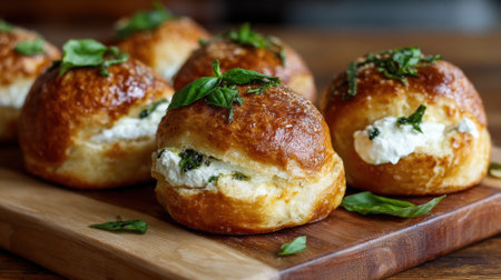 A plate of small, baked pastries with a green garnish on top. The pastries are arranged in a neat row on a wooden cutting boardの素材