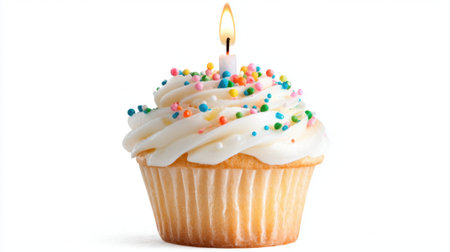 A cupcake with a lit candle on top. The cupcake is decorated with colorful sprinkles and has a white frosting. The candle is lit, and the cupcake is ready to be enjoyed on someone's birthdayの素材