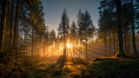 Sunlight breaks through the canopy of tall trees in a peaceful forest creating beautiful rays of light. Soft mist hovers above the ground enhancing the serene atmosphere.の素材