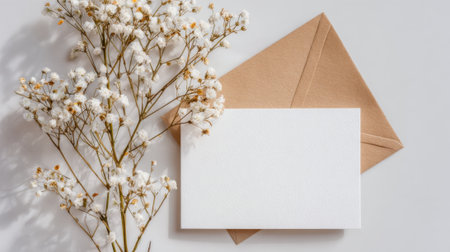 A white card with a flower on it sits on a table next to an envelope. The card is blank, and the envelope is brown. Concept of anticipation and excitementの素材