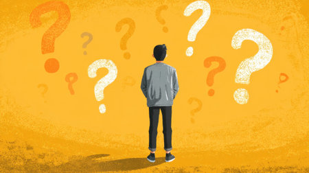 A man is standing in front of a wall of questions. The wall is filled with various questions, and the man is contemplating them. Concept of curiosity and uncertaintyの素材