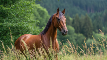 A beautiful brown horse stands proudly amid lush green grass surrounded by trees and rolling hills. It exudes calmness in a serene outdoor environment during the day.の素材