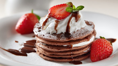 A tempting stack of chocolate pancakes is dressed with fluffy whipped cream fresh strawberries and a drizzle of chocolate sauce. Perfect breakfast delight enjoyed in a cozy atmosphere.の素材
