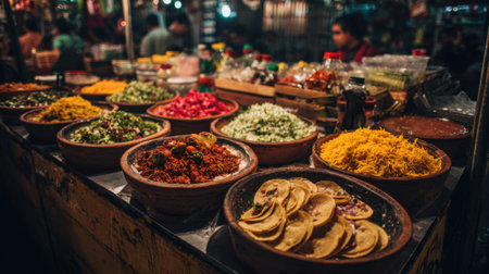 A table full of food with a variety of dishes including a bowl of rice. The table is set up for a buffetの素材