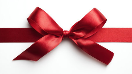 A red ribbon bow is shown on a white background. The bow is made of satin ribbon and is tied in a bow shape. The ribbon is red and shiny, giving the bow a festive and elegant appearanceの素材