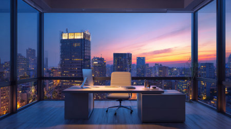 A modern office space features a sleek desk and chair with a stunning view of a city skyline during sunset. The sky displays beautiful hues of orange and purple.の素材