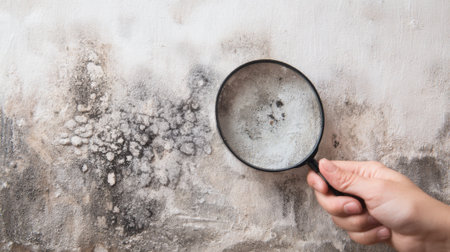 A hand holds a magnifying glass to closely examine mold growth on a wall in an indoor area. The daylight highlights the texture of the mold and surface.の素材