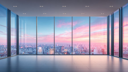 A modern office space features large glass windows showing a beautiful city skyline at sunset. The sky is painted with pink and orange hues creating a serene atmosphere.の素材
