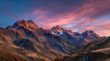 The mountains are covered in snow and the sky is a beautiful pink color. The mountains are very tall and the sky is clearの素材