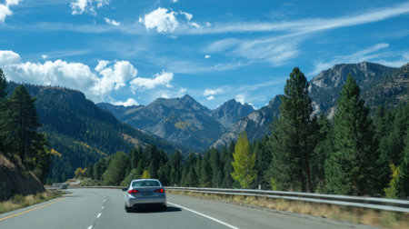 A car is driving down a road with mountains in the background. The sky is clear and the sun is shiningの素材