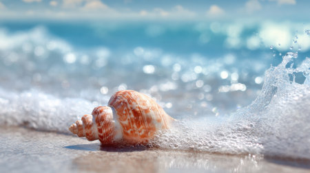 A shell is laying on the sand near the water. The shell is orange and white. The water is blue and the sky is clearの素材