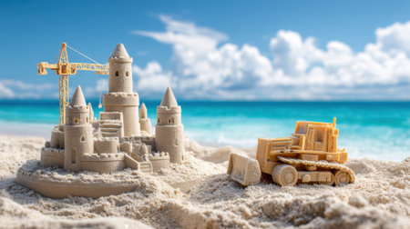 A sand castle is built on a beach next to a large construction vehicle. The scene is peaceful and serene, with the ocean in the background and the sand castle standing tallの素材