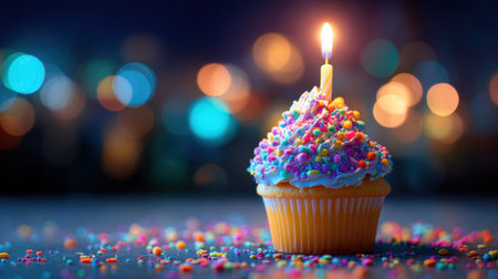 A cupcake with a lit candle on top, surrounded by colorful sprinkles. Concept of celebration and joy, as it is a birthday cakeの素材