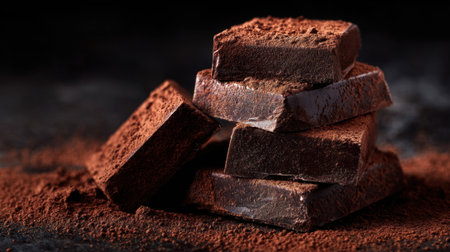 A pile of chocolate bars with a layer of chocolate powder on top. Concept of indulgence and luxury, as chocolate is often associated with comfort and pleasureの素材