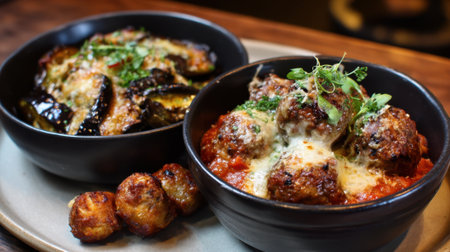 Two bowls of food, one with meatballs and one with vegetables. The vegetables are in a bowl with a green garnishの素材