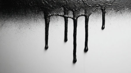 A black paint drips down a white wall. The paint is thick and dark, creating a sense of heaviness and darkness. The image evokes a mood of sadness or despairの素材