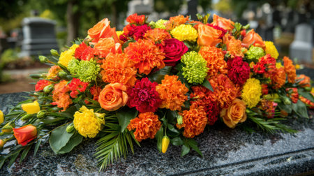 A colorful arrangement of flowers on a tombstone. The flowers include roses, daisies, and sunflowers, and they are arranged in a way that creates a sense of warmth and hopeの素材