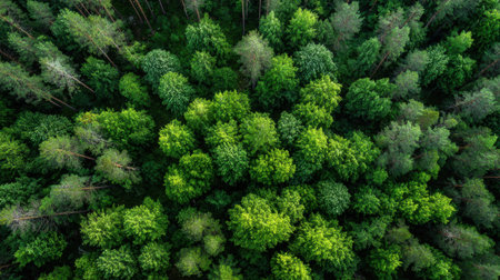 A lush green forest with many trees and a few bushes. The forest is full of life and is a beautiful sight to beholdの素材