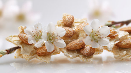 A close up of a flower with a nut on it. The nut is golden and the flower is white. Concept of delicacy and beautyの素材