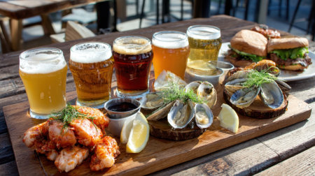 A table with a variety of food and drinks, including oysters, shrimp, and a sandwichの素材