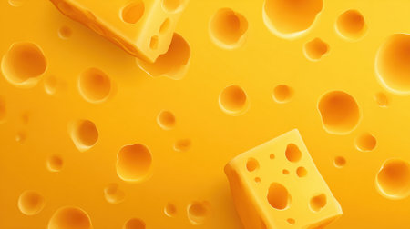 A close up of a yellow cheese with many holes. The cheese is sliced into cubes and scattered across the backgroundの素材