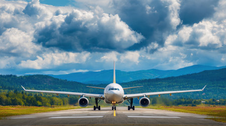 An airplane is positioned on a runway ready for takeoff. The background features majestic mountains and a dramatic sky filled with clouds on a clear day.の素材