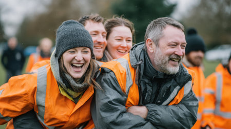 A group of people wearing orange vests and hats are laughing and hugging each other. Scene is happy and friendlyの素材