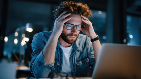 A young man struggles with stress as he works late at night in an office. He rubs his temples while staring at the laptop screen surrounded by soft lighting and papers.の素材