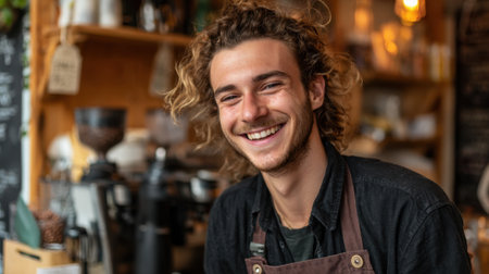 A young man with curly hair and a warm smile works as a barista in a charming coffee shop. The space is filled with coffee equipment and the atmosphere is inviting.の素材