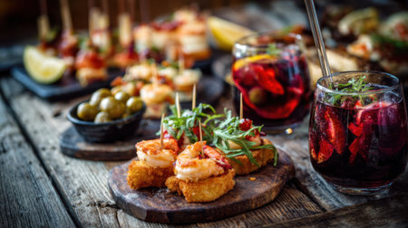 A vibrant scene captures friends sharing an array of flavorful tapas and refreshing cocktails. The rustic wooden table enhances the joyful atmosphere of the gathering.の素材