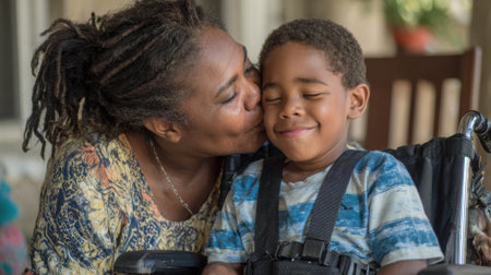 A mother kisses her young son who is in a wheelchair while they enjoy a bright afternoon together at home. Both share smiles and warmth in their loving bond.の素材