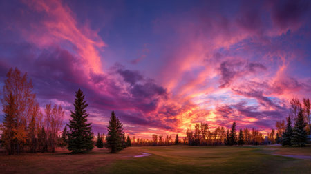 A beautiful sunset over a field with trees and a golf course. The sky is filled with clouds and the sun is setting, creating a warm and peaceful atmosphereの素材