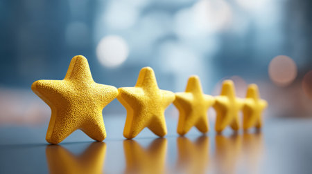 A row of five yellow stars are placed on a table. The stars are all different sizes and are placed in a straight line. Concept of achievement and successの素材