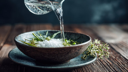 Water is being poured over fresh herbs and sea salt in a rustic bowl set on a wooden table. The scene captures the essence of natural ingredients and culinary preparation.の素材