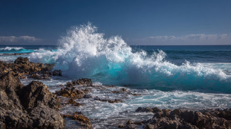 Waves crash dramatically against rocks along the coastline creating a mist under a clear blue sky. This scene showcases the beauty of natures energy at the shoreline.の素材