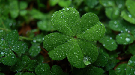 Green clover leaves covered in water droplets are shown in a vibrant garden. The background features more greenery creating a serene and refreshing atmosphere after rainfall.の素材