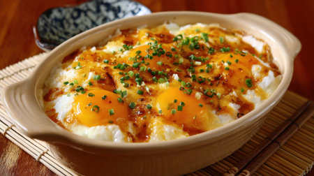 Savory baked eggs topped with melted cheese and chopped green onions fill a rustic dish. A delicious meal perfect for brunch or a cozy dinner among friends.の素材